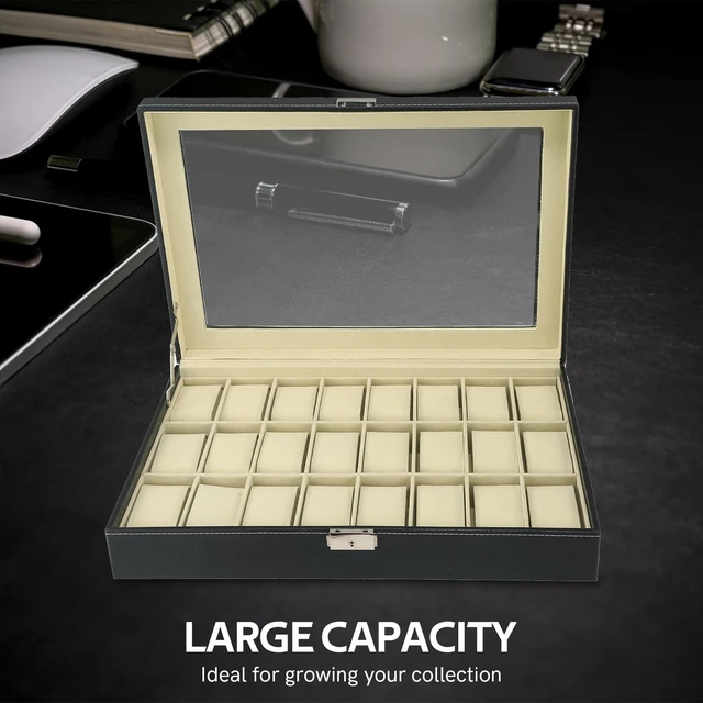 Alt view image 5 of 6 - 24-Slot Watch Display Storage Box, Leather Travel Case | Portable Jewelry Organizer with Soft Lining and Clear Lid, Protects Watches from Dust and Scratches for Home and Travel