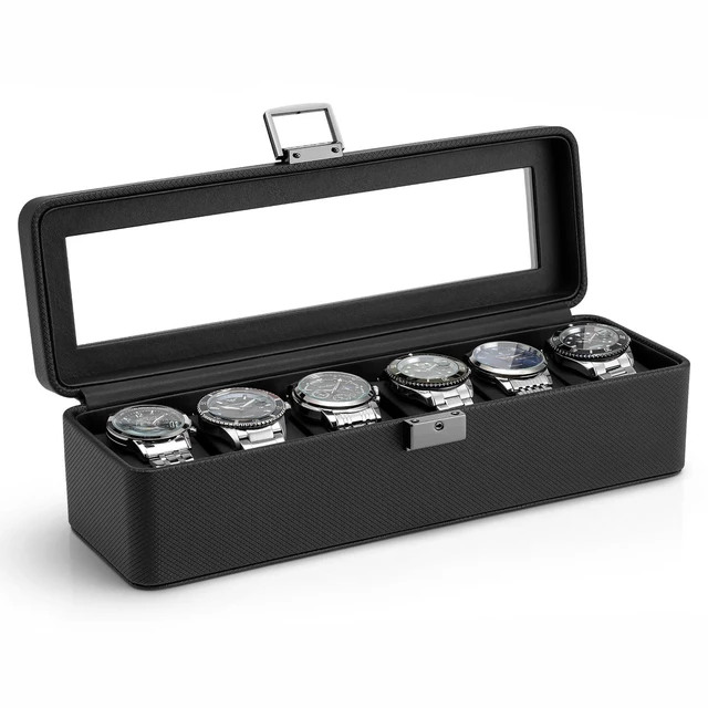 Main image of Watch Case for Men,6-Slot Lockable Watch Box for Men with Glass Lid | Lockable Watch Holder, Business Textured Leather Organizer Display Case, Soft Pillow, Gifts for Him,Nightstand display Black
