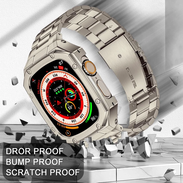 Alt view image 3 of 6 - Stainless Steel Watch Band with Case Compatible with Apple Watch Ultra 49mm | Rugged Metal Strap with Cover for iWatch, Ultra 4/3/2/1 49mm, Luxury Protective Bracelet for Men.Titanium Color