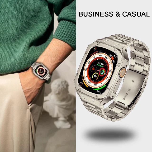 Alt view image 5 of 6 - Stainless Steel Watch Band with Case Compatible with Apple Watch Ultra 49mm | Rugged Metal Strap with Cover for iWatch, Ultra 4/3/2/1 49mm, Luxury Protective Bracelet for Men.Titanium Color