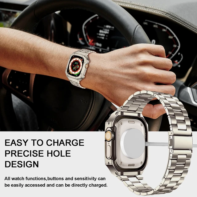 Alt view image 6 of 6 - Stainless Steel Watch Band with Case Compatible with Apple Watch Ultra 49mm | Rugged Metal Strap with Cover for iWatch, Ultra 4/3/2/1 49mm, Luxury Protective Bracelet for Men.Titanium Color