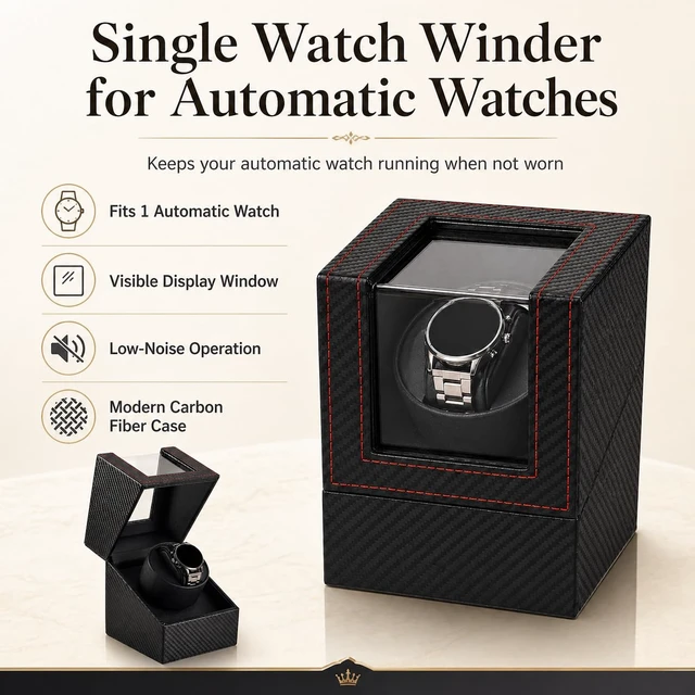 Alt view image 4 of 7 - Automatic Watch Winder for Automatic Watches, Single Watch Winder Box with Quiet Motor, Wooden Watch Winder Case with Display Window, Watch Rotator Storage Organizer for Men and Women