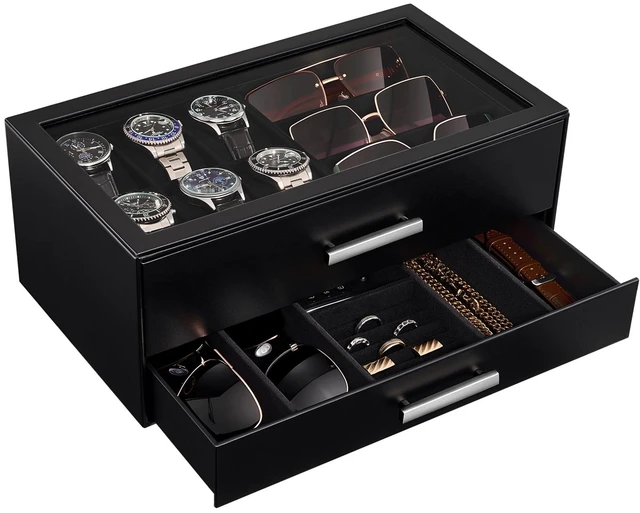 Main image of Watch Case, Mens Jewelry Box for 6 Watch & 5 Sunglasses -Black | Pull-Out Drawer 2-Tier Leather Watch Organizer with Glass Display Top, fit Watches Size Up to 50 mm, Gift for Men & Women