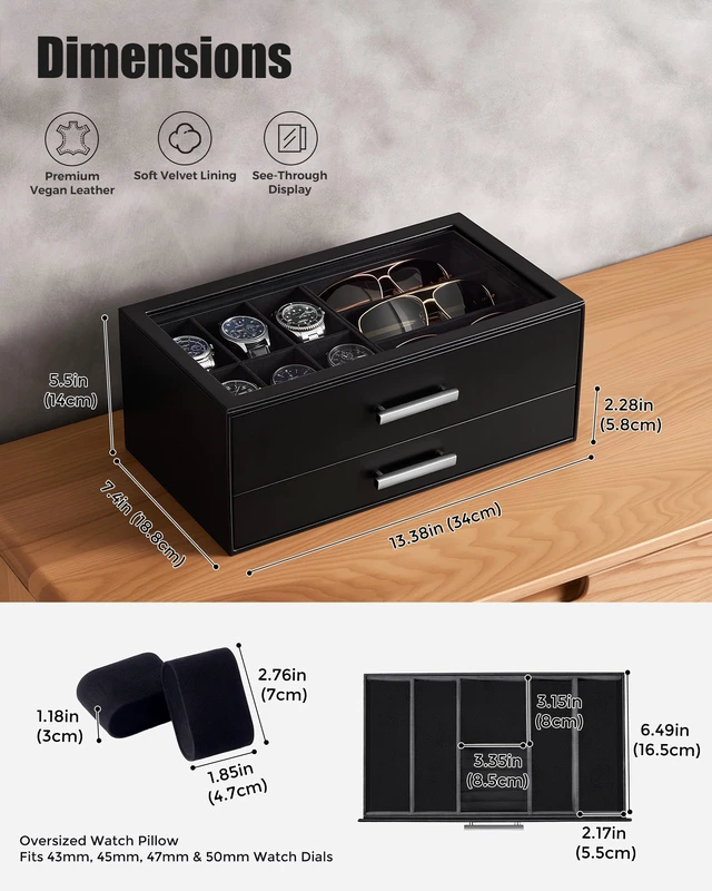 Alt view image 2 of 7 - Watch Case, Mens Jewelry Box for 6 Watch & 5 Sunglasses -Black | Pull-Out Drawer 2-Tier Leather Watch Organizer with Glass Display Top, fit Watches Size Up to 50 mm, Gift for Men & Women