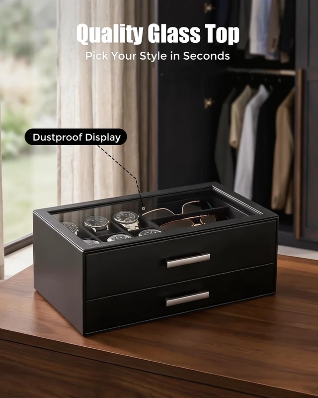 Alt view image 6 of 7 - Watch Case, Mens Jewelry Box for 6 Watch & 5 Sunglasses -Black | Pull-Out Drawer 2-Tier Leather Watch Organizer with Glass Display Top, fit Watches Size Up to 50 mm, Gift for Men & Women