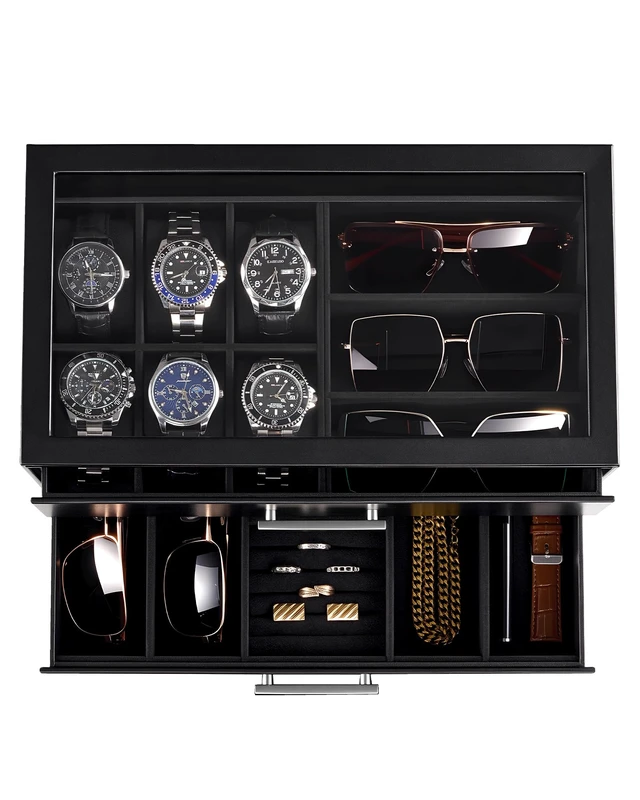 Alt view image 3 of 7 - Watch Case, Mens Jewelry Box for 6 Watch & 5 Sunglasses -Black | Pull-Out Drawer 2-Tier Leather Watch Organizer with Glass Display Top, fit Watches Size Up to 50 mm, Gift for Men & Women