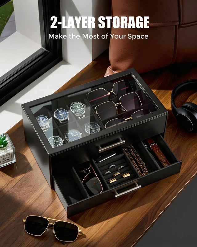 Alt view image 7 of 7 - Watch Case, Mens Jewelry Box for 6 Watch & 5 Sunglasses -Black | Pull-Out Drawer 2-Tier Leather Watch Organizer with Glass Display Top, fit Watches Size Up to 50 mm, Gift for Men & Women
