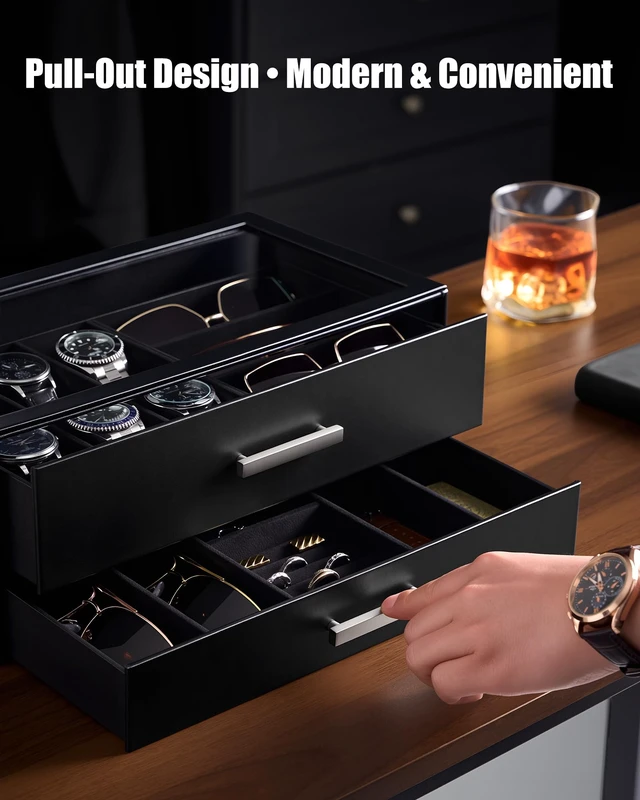Alt view image 4 of 7 - Watch Case, Mens Jewelry Box for 6 Watch & 5 Sunglasses -Black | Pull-Out Drawer 2-Tier Leather Watch Organizer with Glass Display Top, fit Watches Size Up to 50 mm, Gift for Men & Women
