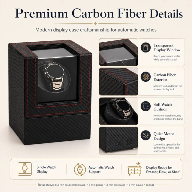 Alt view image 7 of 7 - Automatic Watch Winder for Automatic Watches, Single Watch Winder Box with Quiet Motor, Wooden Watch Winder Case with Display Window, Watch Rotator Storage Organizer for Men and Women