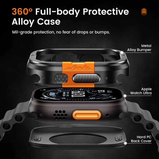 Alt view image 2 of 7 - Metal Case for Apple Watch Ultra 4/3/2/1 Screen Protector 49mm | 3 in 1 Full Protective Accessories, Stainless Steel Protective Bumper, Hard PC Back Cover and 9H Tempered Glass Film