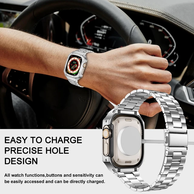 Alt view image 6 of 6 - Stainless Steel Watch Band with Case Compatible with Apple Watch Ultra 49mm | Rugged Metal Strap with Cover for iWatch, Ultra 4/3/2/1 49mm, Luxury Protective Bracelet for Men. Silver