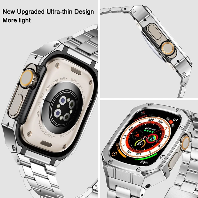 Alt view image 3 of 6 - Stainless Steel Watch Band with Case Compatible with Apple Watch Ultra 49mm | Rugged Metal Strap with Cover for iWatch, Ultra 4/3/2/1 49mm, Luxury Protective Bracelet for Men. Silver