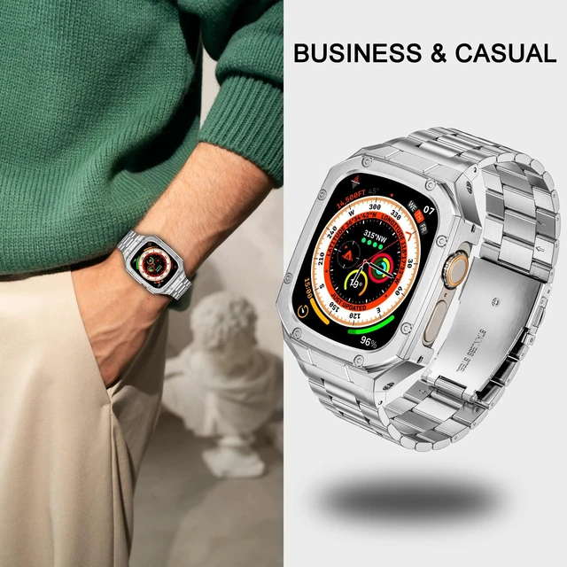 Alt view image 5 of 6 - Stainless Steel Watch Band with Case Compatible with Apple Watch Ultra 49mm | Rugged Metal Strap with Cover for iWatch, Ultra 4/3/2/1 49mm, Luxury Protective Bracelet for Men. Silver