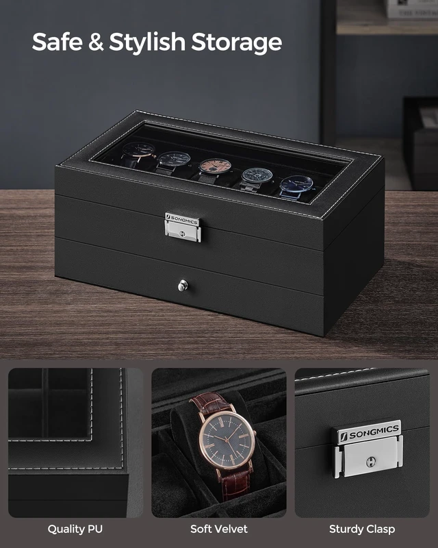 Alt view image 3 of 7 - 12-Slot Watch Box, Lockable with Glass Lid, 2 Layers Watch Case | For Rings, Bracelets, Gift Idea, Black Synthetic Leather, Black Lining, BRIDIE Collection, UJWB012B03