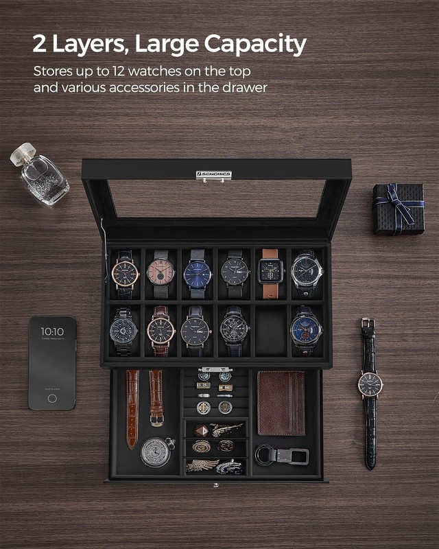 Alt view image 4 of 7 - 12-Slot Watch Box, Lockable with Glass Lid, 2 Layers Watch Case | For Rings, Bracelets, Gift Idea, Black Synthetic Leather, Black Lining, BRIDIE Collection, UJWB012B03