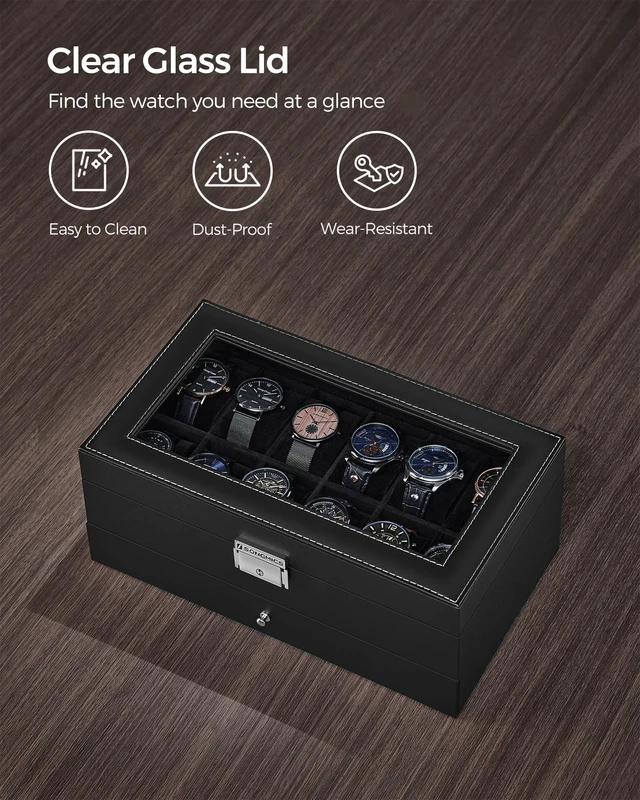 Alt view image 5 of 7 - 12-Slot Watch Box, Lockable with Glass Lid, 2 Layers Watch Case | For Rings, Bracelets, Gift Idea, Black Synthetic Leather, Black Lining, BRIDIE Collection, UJWB012B03