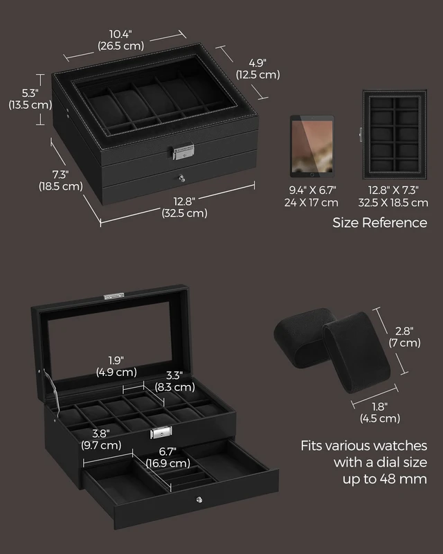 Alt view image 6 of 7 - 12-Slot Watch Box, Lockable with Glass Lid, 2 Layers Watch Case | For Rings, Bracelets, Gift Idea, Black Synthetic Leather, Black Lining, BRIDIE Collection, UJWB012B03