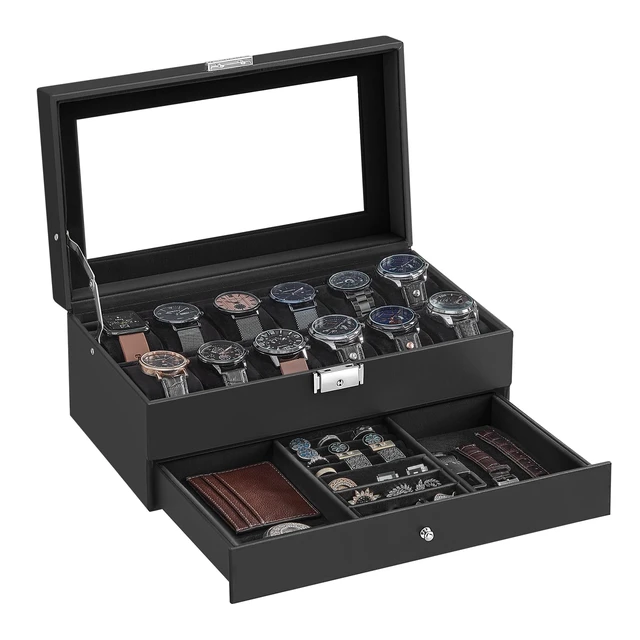 Alt view image 7 of 7 - 12-Slot Watch Box, Lockable with Glass Lid, 2 Layers Watch Case | For Rings, Bracelets, Gift Idea, Black Synthetic Leather, Black Lining, BRIDIE Collection, UJWB012B03