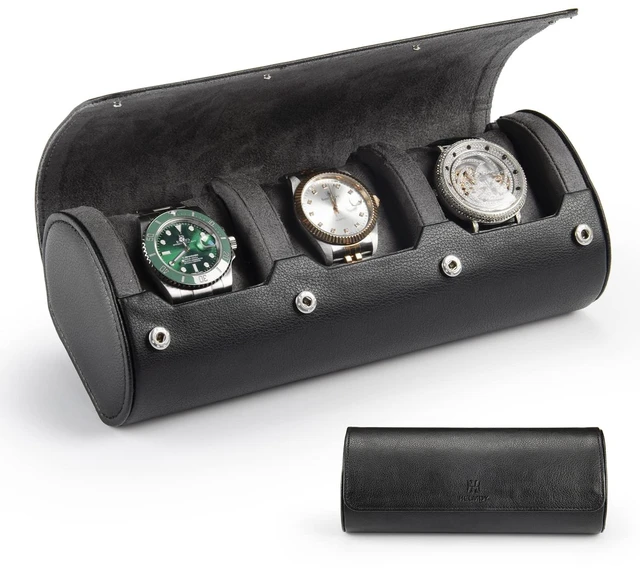 Main image of Watch Roll Travel Case for Men, 3-Slot Watch Display Organizer Box | Portable Shockproof Storage Holder Fits Wrist & Smart Watches up to 50mm, Black PU leather, Ideal Gift for Watch Collectors