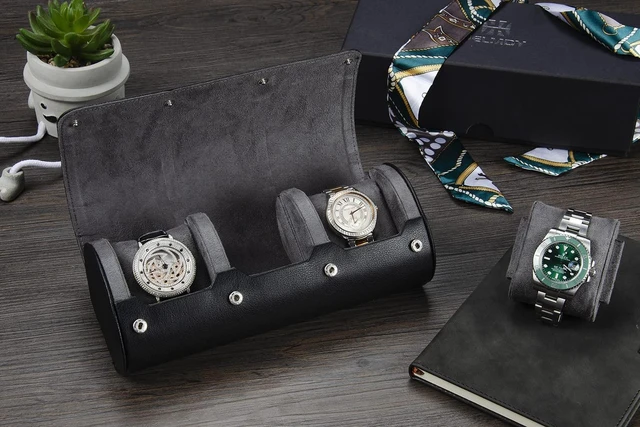 Alt view image 5 of 7 - Watch Roll Travel Case for Men, 3-Slot Watch Display Organizer Box | Portable Shockproof Storage Holder Fits Wrist & Smart Watches up to 50mm, Black PU leather, Ideal Gift for Watch Collectors