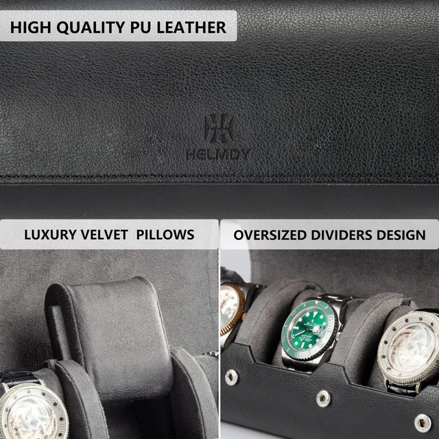 Alt view image 4 of 7 - Watch Roll Travel Case for Men, 3-Slot Watch Display Organizer Box | Portable Shockproof Storage Holder Fits Wrist & Smart Watches up to 50mm, Black PU leather, Ideal Gift for Watch Collectors