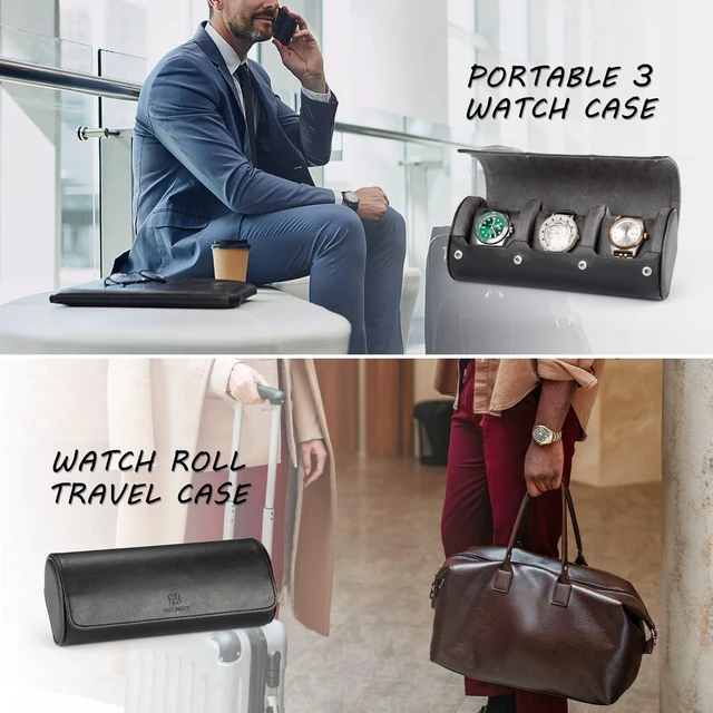 Alt view image 6 of 7 - Watch Roll Travel Case for Men, 3-Slot Watch Display Organizer Box | Portable Shockproof Storage Holder Fits Wrist & Smart Watches up to 50mm, Black PU leather, Ideal Gift for Watch Collectors