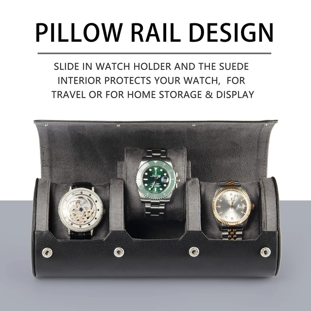 Alt view image 3 of 7 - Watch Roll Travel Case for Men, 3-Slot Watch Display Organizer Box | Portable Shockproof Storage Holder Fits Wrist & Smart Watches up to 50mm, Black PU leather, Ideal Gift for Watch Collectors