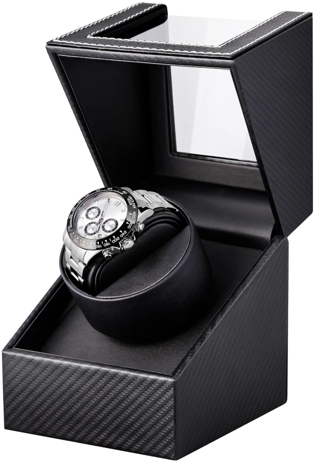 Main image of Watch Winder for Automatic Watches: Automatic Single Watch Winder Box | Japanese Quiet Motor, Anti-Magnetic Design, USB-C or Battery Power, Adjustable Pillow, Black Carbon Fiber, Gift for Men