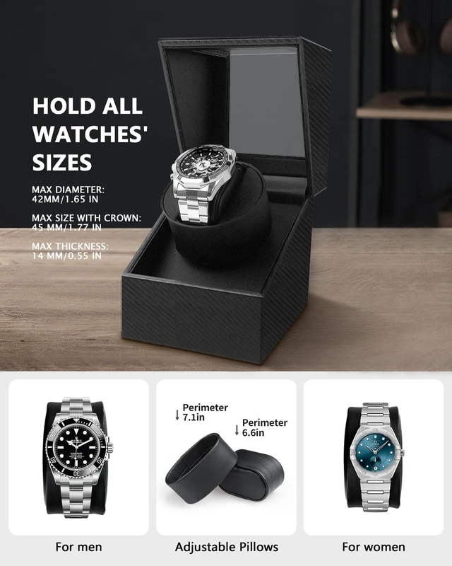 Alt view image 4 of 7 - Watch Winder for Automatic Watches: Automatic Single Watch Winder Box | Japanese Quiet Motor, Anti-Magnetic Design, USB-C or Battery Power, Adjustable Pillow, Black Carbon Fiber, Gift for Men