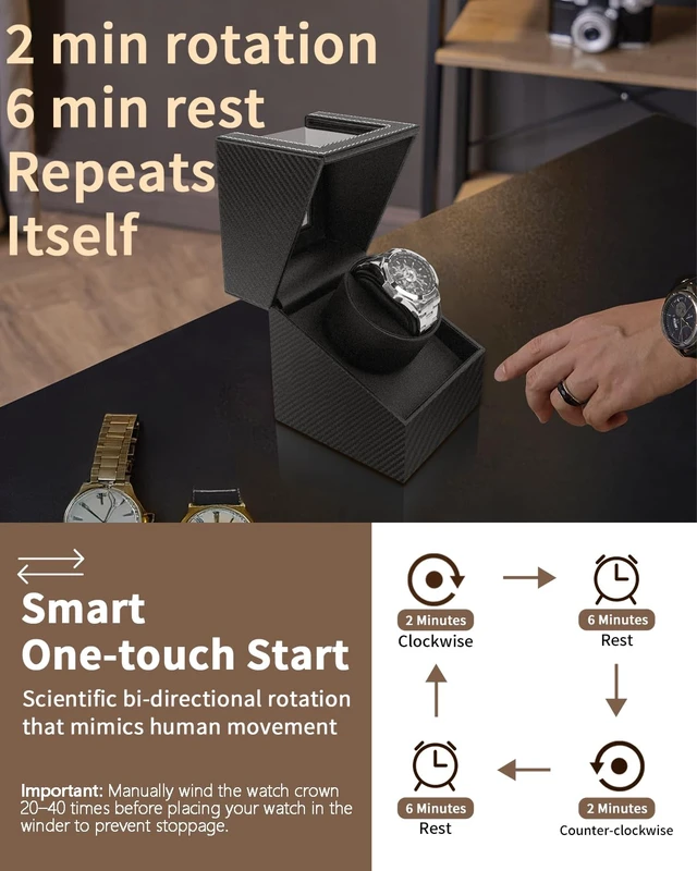 Alt view image 3 of 7 - Watch Winder for Automatic Watches: Automatic Single Watch Winder Box | Japanese Quiet Motor, Anti-Magnetic Design, USB-C or Battery Power, Adjustable Pillow, Black Carbon Fiber, Gift for Men