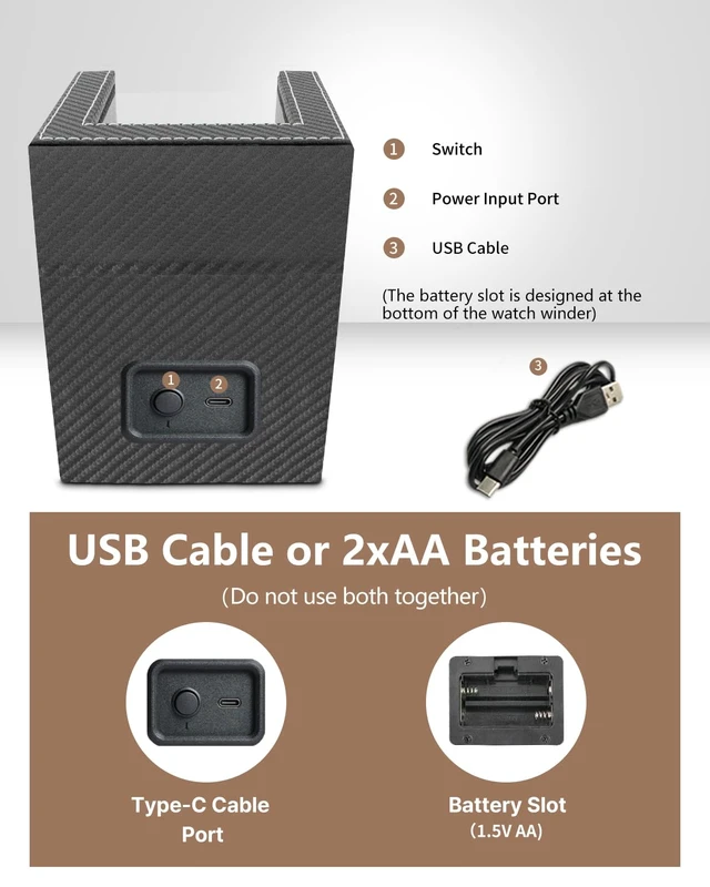 Alt view image 6 of 7 - Watch Winder for Automatic Watches: Automatic Single Watch Winder Box | Japanese Quiet Motor, Anti-Magnetic Design, USB-C or Battery Power, Adjustable Pillow, Black Carbon Fiber, Gift for Men