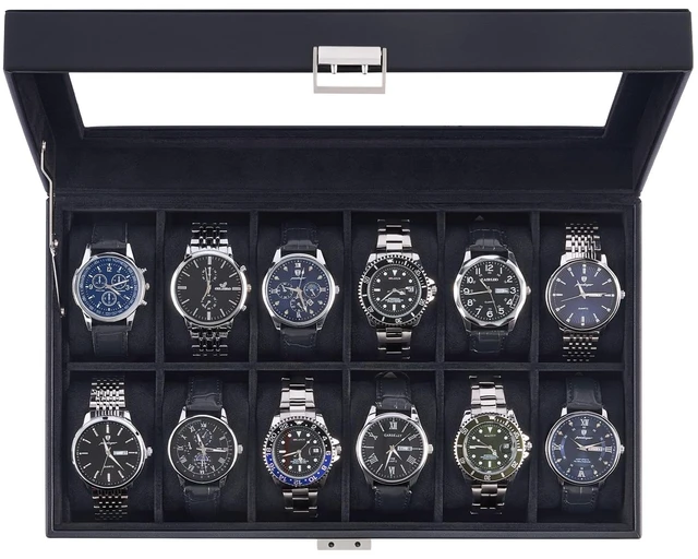 Main image of Watch Case for Men, 12 Slot Display Box with Large Glass Lid | Premium Storage Holder Organizer with Removable Pillows, Anniversary Birthday Gifts for Collectors -All Black