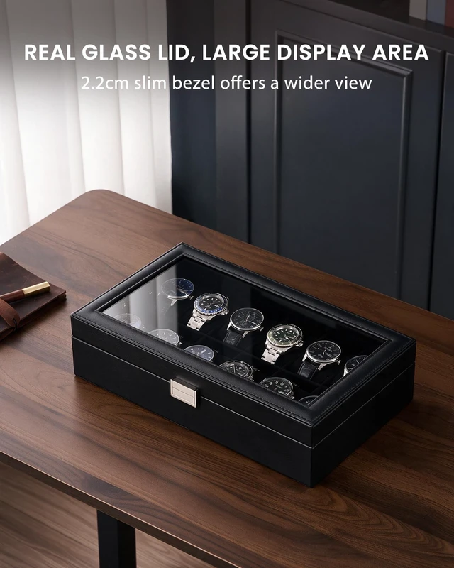 Alt view image 3 of 7 - Watch Case for Men, 12 Slot Display Box with Large Glass Lid | Premium Storage Holder Organizer with Removable Pillows, Anniversary Birthday Gifts for Collectors -All Black