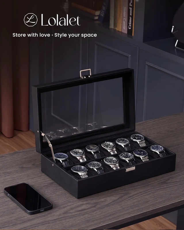Alt view image 4 of 7 - Watch Case for Men, 12 Slot Display Box with Large Glass Lid | Premium Storage Holder Organizer with Removable Pillows, Anniversary Birthday Gifts for Collectors -All Black