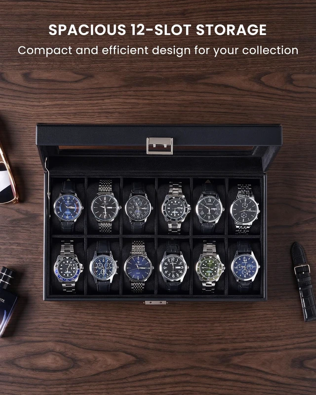 Alt view image 5 of 7 - Watch Case for Men, 12 Slot Display Box with Large Glass Lid | Premium Storage Holder Organizer with Removable Pillows, Anniversary Birthday Gifts for Collectors -All Black