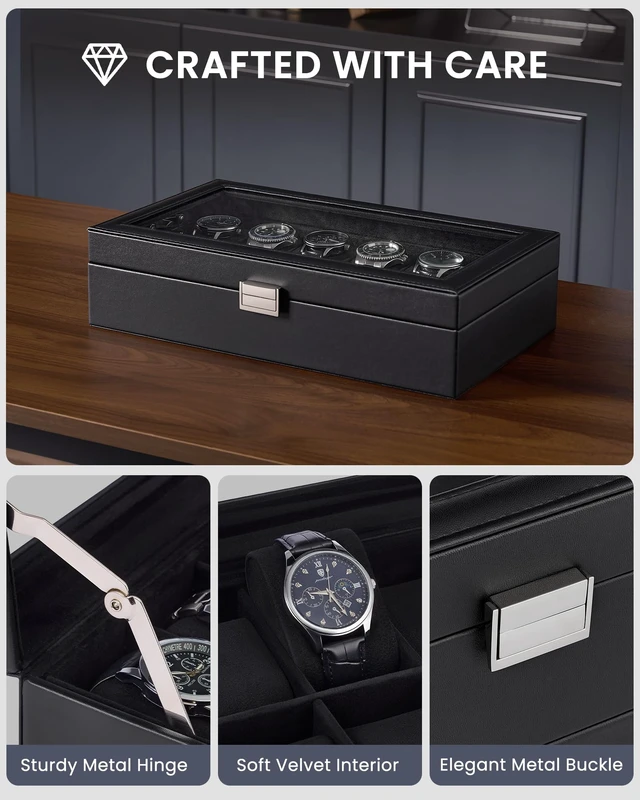 Alt view image 2 of 7 - Watch Case for Men, 12 Slot Display Box with Large Glass Lid | Premium Storage Holder Organizer with Removable Pillows, Anniversary Birthday Gifts for Collectors -All Black