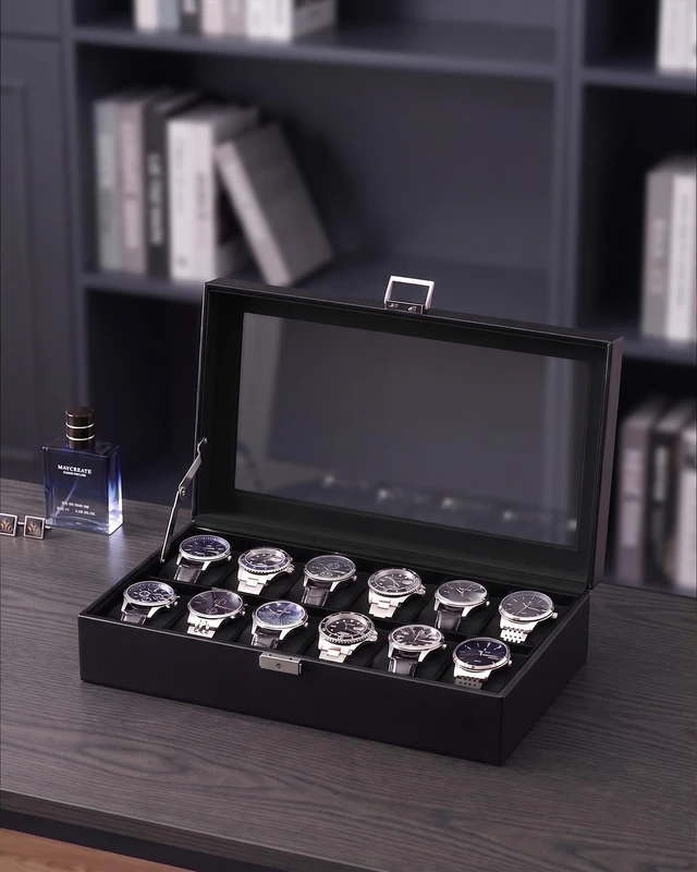 Alt view image 6 of 7 - Watch Case for Men, 12 Slot Display Box with Large Glass Lid | Premium Storage Holder Organizer with Removable Pillows, Anniversary Birthday Gifts for Collectors -All Black