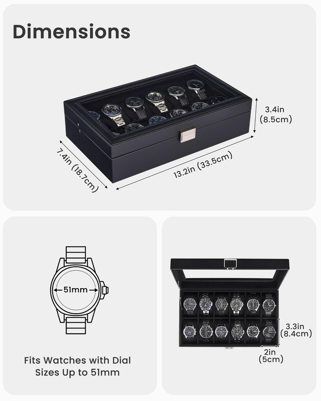 Alt view image 7 of 7 - Watch Case for Men, 12 Slot Display Box with Large Glass Lid | Premium Storage Holder Organizer with Removable Pillows, Anniversary Birthday Gifts for Collectors -All Black