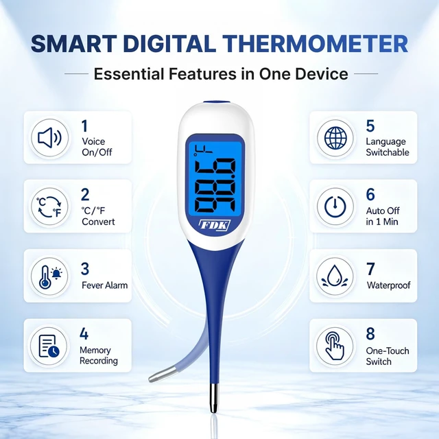Alt view image 6 of 7 - Large LCD Screen Digital Thermometer for Fever, 8 Seconds Fast & Accurate Readings, Large LCD Dual Color Backlight Flexible Tip Ideal for Adults Kids and Babies FSA