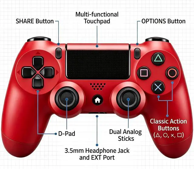 Alt view image 2 of 7 - DualShock 4 Wireless Controller for PlayStation 4, Bluetooth Gamepad with Dual Vibration, Touch Pad, 3.5mm Audio Jack, Six-Axis Motion Sensor for PS4/Slim/Pro Console (Red)