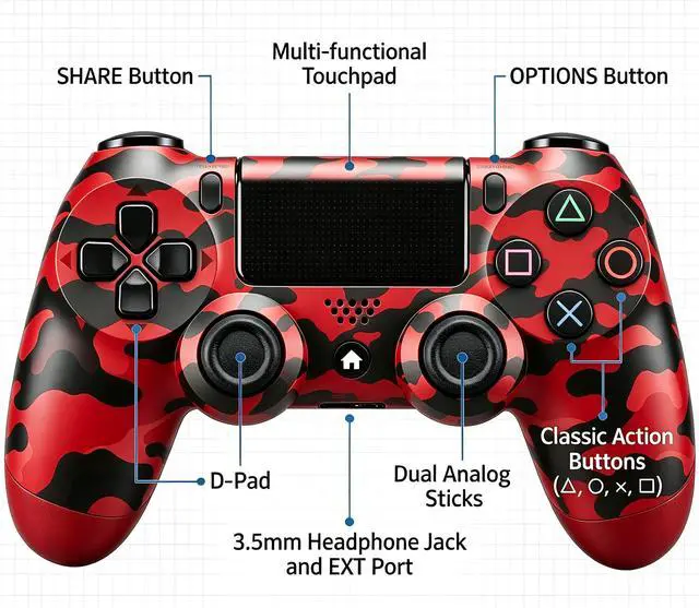 Alt view image 2 of 7 - DualShock 4 Wireless Controller for PlayStation 4, Bluetooth Gamepad with Dual Vibration, Touch Pad, 3.5mm Audio Jack, Six-Axis Motion Sensor for PS4/Slim/Pro Console (Camouflage Red)