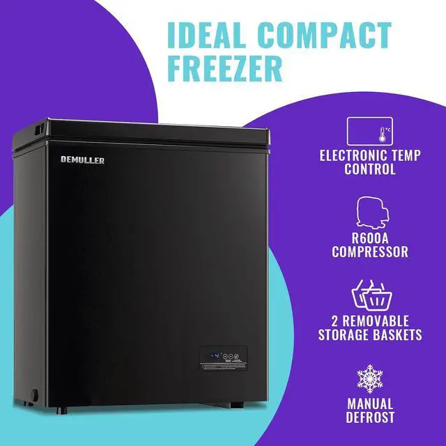 Alt view image 3 of 7 - DEMULLER 4.0Cu.ft Compact Chest Freezer, Small Deep Freezers with Top Open Door & Electronic Panel & Two Storage Wire Baskets, Temp Range -12 to 50 , Black