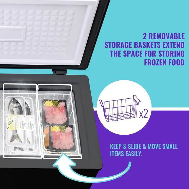 Alt view image 6 of 7 - DEMULLER 4.0Cu.ft Compact Chest Freezer, Small Deep Freezers with Top Open Door & Electronic Panel & Two Storage Wire Baskets, Temp Range -12 to 50 , Black