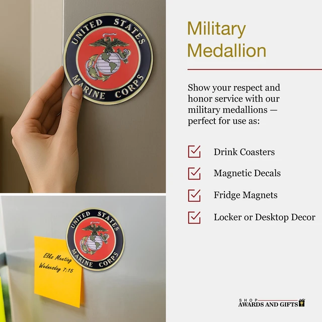 Alt view image 2 of 6 - 4 Inch Round United States Military Shield Emblem Single Drink Cup Coaster, Metal Magnetic Decal Disc, 1 Pack, Marine Corps