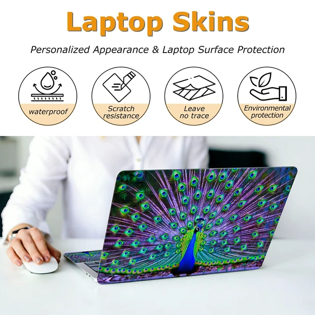 Alt view image 4 of 7 - Universal Laptop Skin Sticker with 2 Wrist Pad Decals, 3-Piece Removable Vinyl Laptop Cover, Peacocks Waterproof Anti-Scratch, Easy-Trim Fit for 13.3" 14" 15.6" Laptops