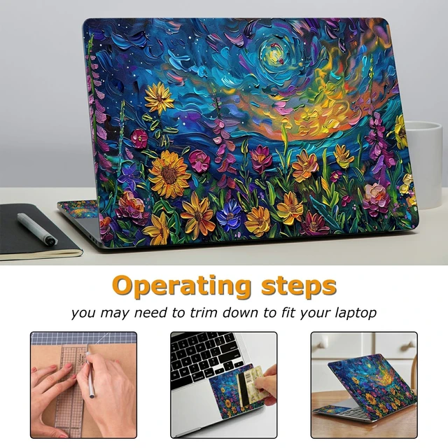 Alt view image 3 of 7 - Universal Laptop Skin Sticker with 2 Wrist Pad Decals, 3-Piece Removable Vinyl Laptop Cover, Oil Painting Sunflower Waterproof Anti-Scratch, Easy-Trim Fit for 13.3" 14" 15.6" Laptops