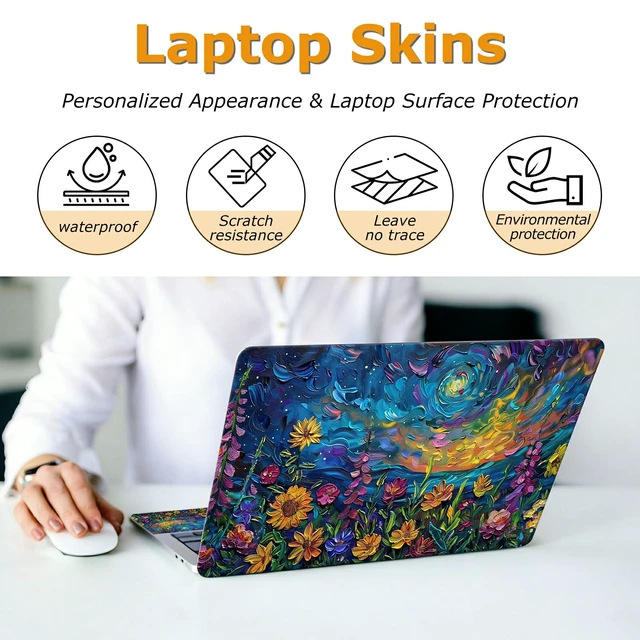 Alt view image 4 of 7 - Universal Laptop Skin Sticker with 2 Wrist Pad Decals, 3-Piece Removable Vinyl Laptop Cover, Oil Painting Sunflower Waterproof Anti-Scratch, Easy-Trim Fit for 13.3" 14" 15.6" Laptops