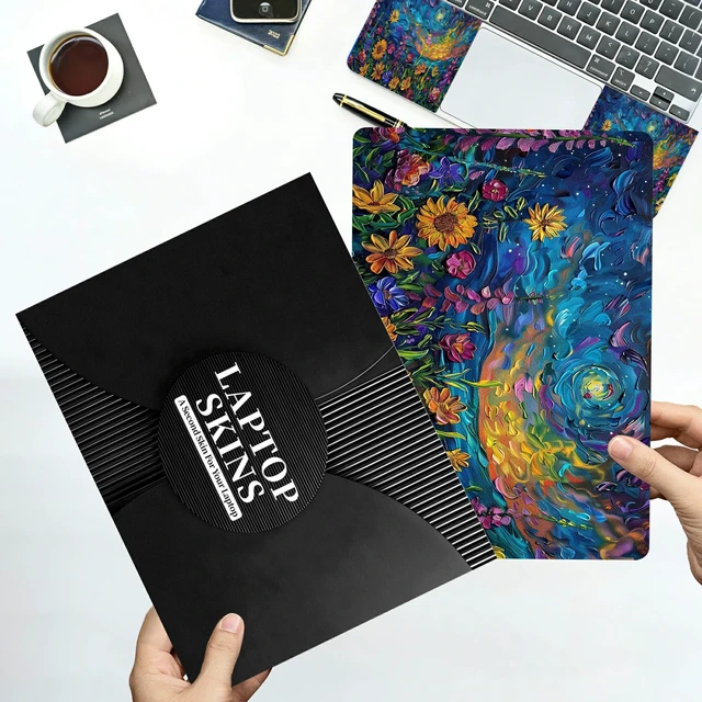 Alt view image 7 of 7 - Universal Laptop Skin Sticker with 2 Wrist Pad Decals, 3-Piece Removable Vinyl Laptop Cover, Oil Painting Sunflower Waterproof Anti-Scratch, Easy-Trim Fit for 13.3" 14" 15.6" Laptops