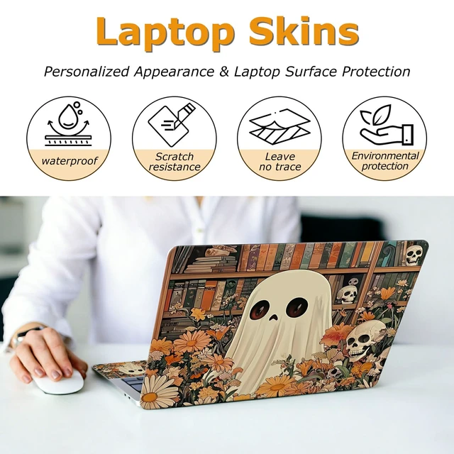 Alt view image 4 of 7 - Universal Laptop Skin Sticker with 2 Wrist Pad Decals, 3-Piece Removable Vinyl Laptop Cover, Ghost Skull Florals Waterproof Anti-Scratch, Easy-Trim Fit for 13.3" 14" 15.6" Laptops
