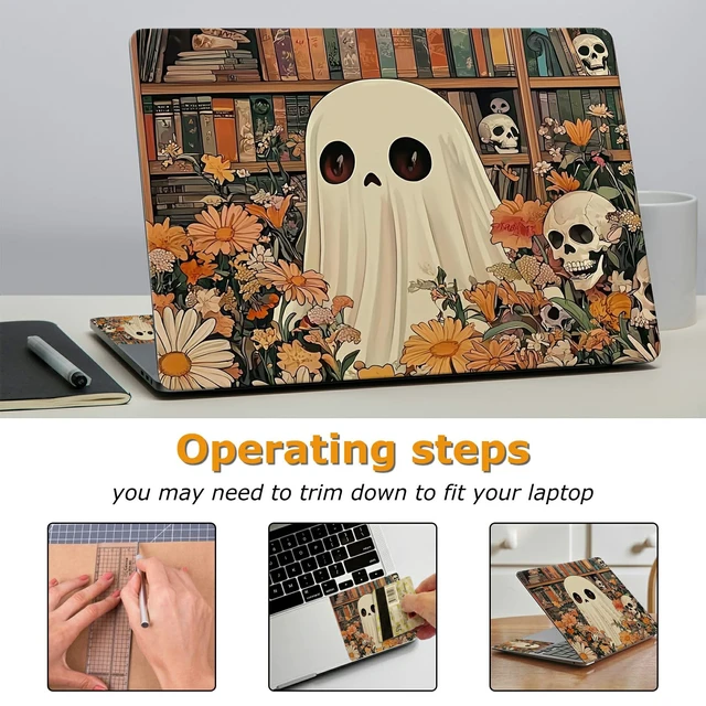 Alt view image 3 of 7 - Universal Laptop Skin Sticker with 2 Wrist Pad Decals, 3-Piece Removable Vinyl Laptop Cover, Ghost Skull Florals Waterproof Anti-Scratch, Easy-Trim Fit for 13.3" 14" 15.6" Laptops